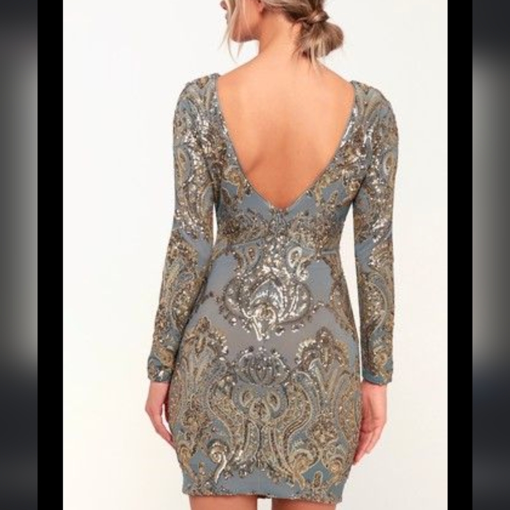Dress the Population Lola Gold Sequin On Gray Mini Dress Long Sleeve Size Small